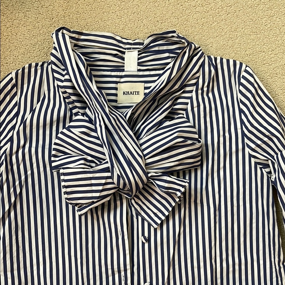 KHAITE Navy and White Striped Top with Bow